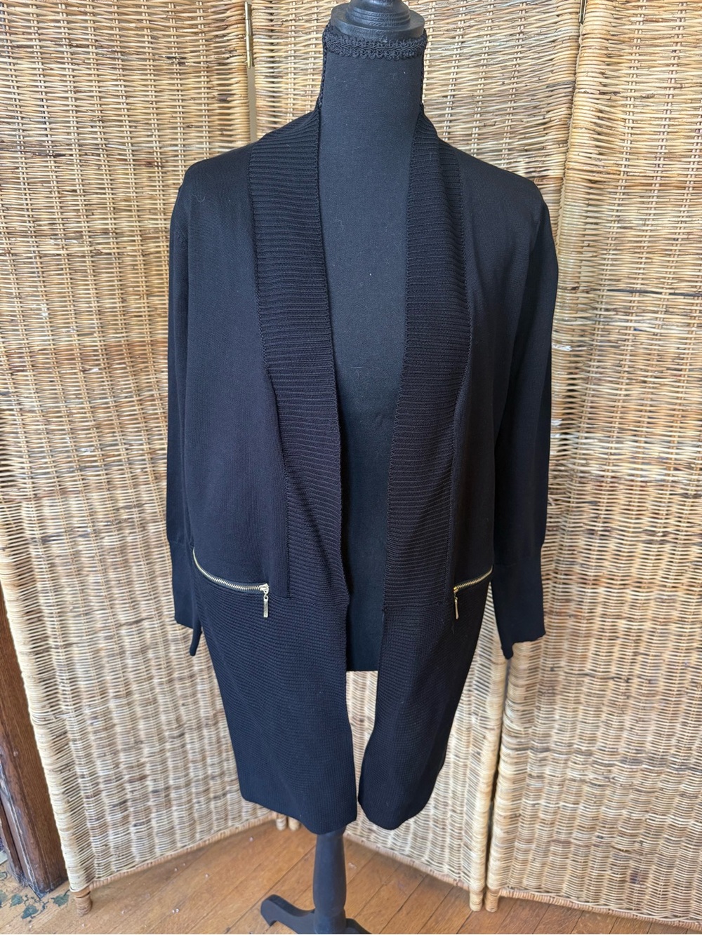 Magaschoni Black Open-Front Cardigan Blazer with Gold Zippers